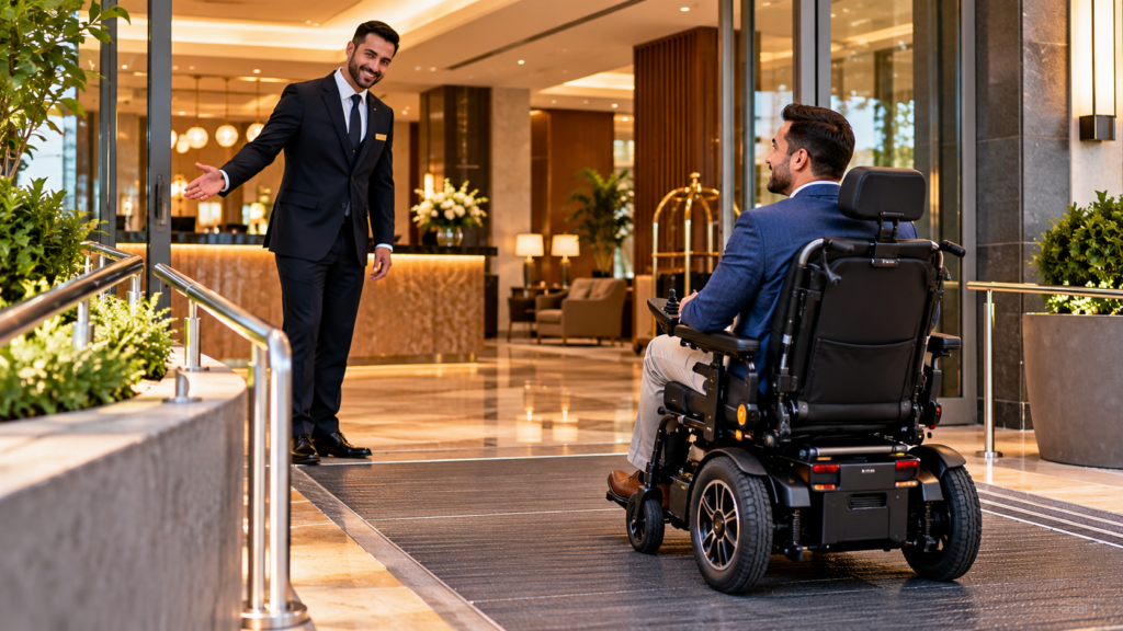Hotel accessibility checklist scene with a male guest using an electric wheelchair welcomed by hotel staff at a step-free entrance.