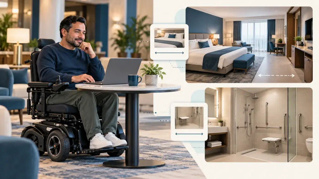 Illustration of a man in an electric wheelchair checking hotel accessibility information, with bedroom and step-free shower views.