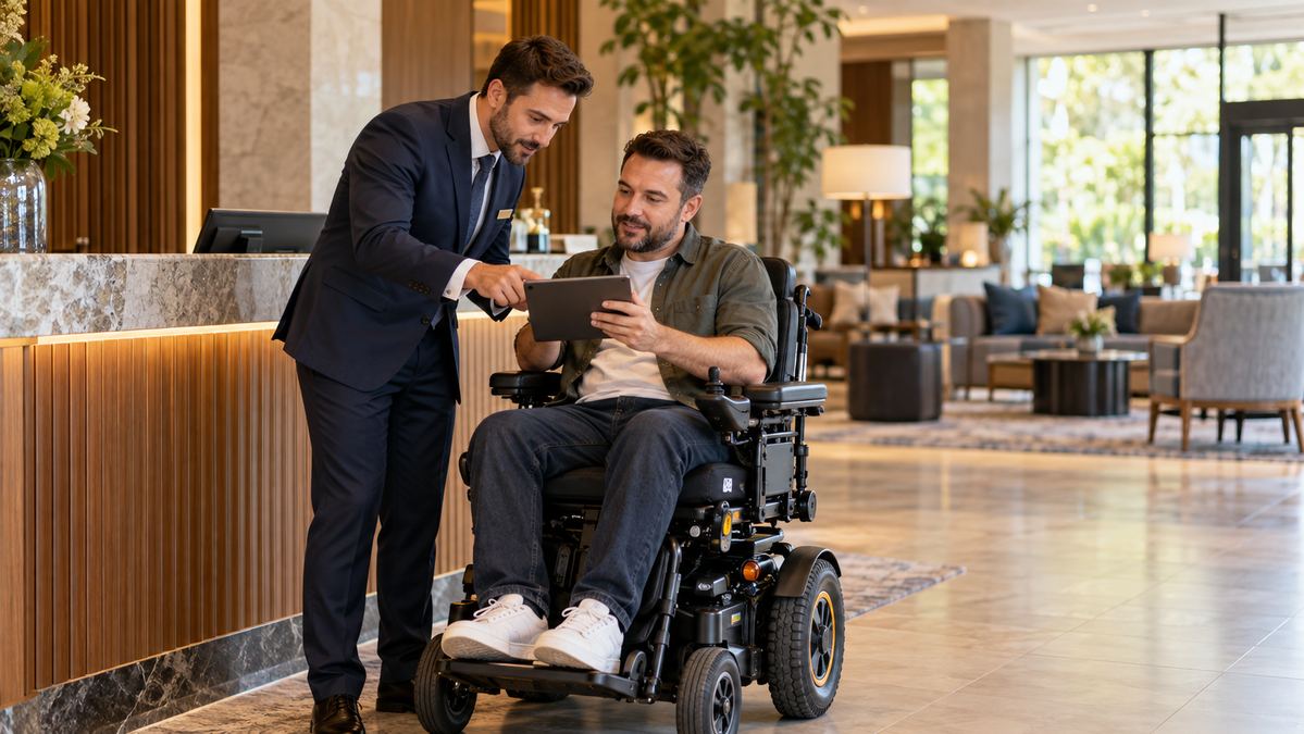 Hotel staff and a male guest using an electric wheelchair review hotel accessibility requests on a tablet.